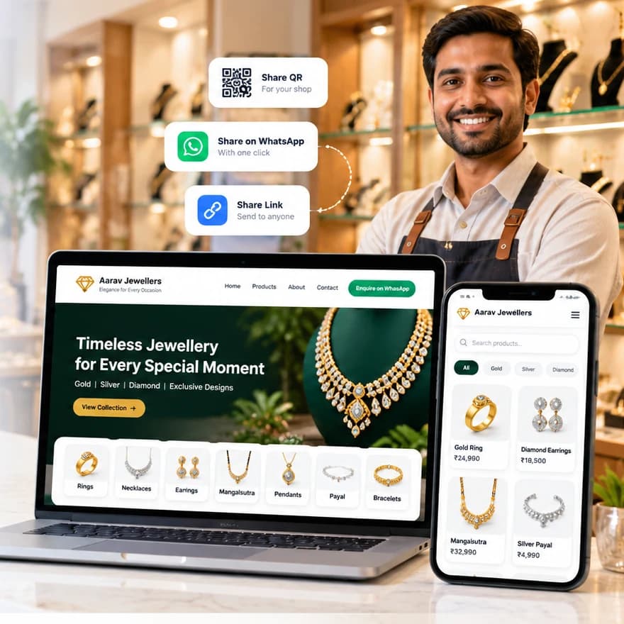 A jewellery shop owner with a laptop and smartphone displaying a digital jewellery catalogue, QR sharing and WhatsApp enquiries